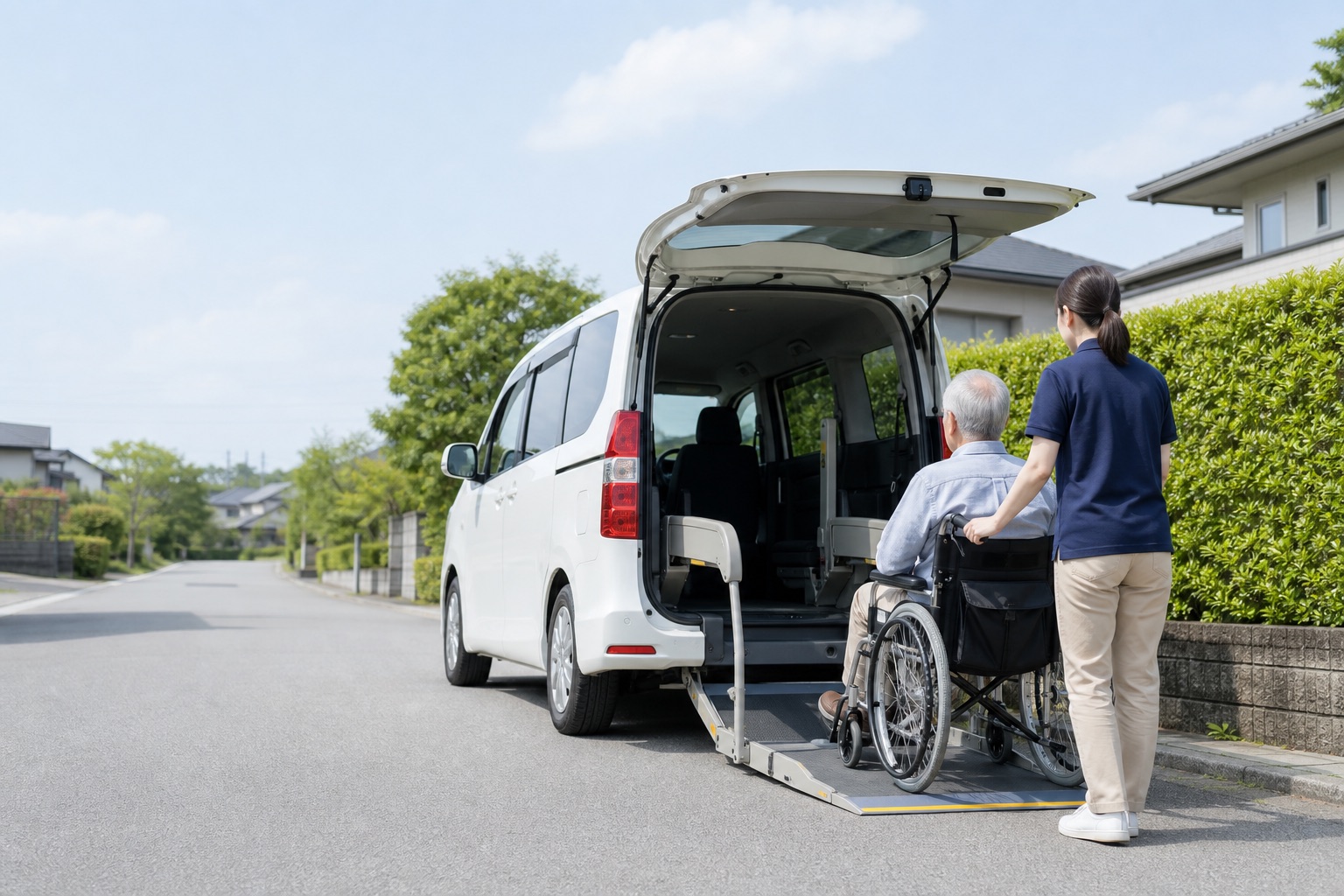 後部リフトから車いすのまま乗車する介護タクシーの様子