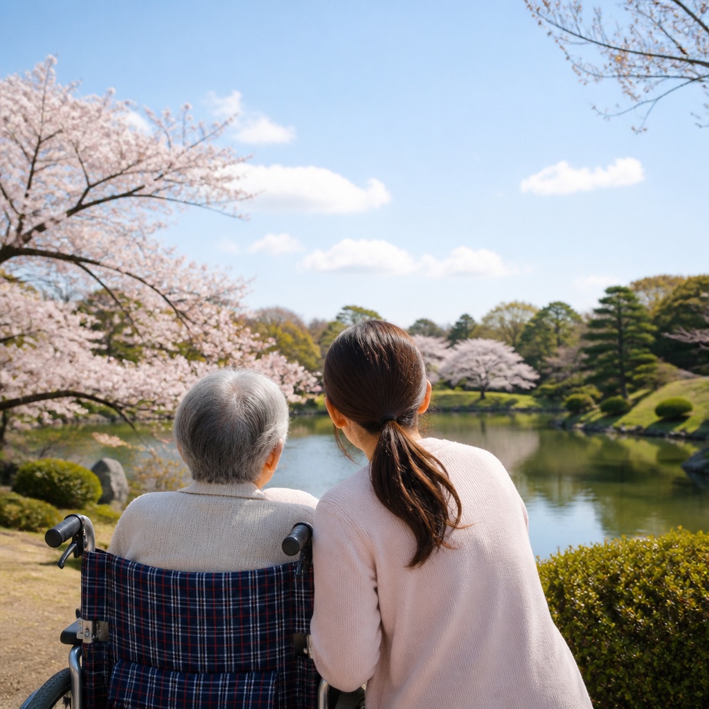 桜の咲く公園を車いすで眺めるご家族の様子